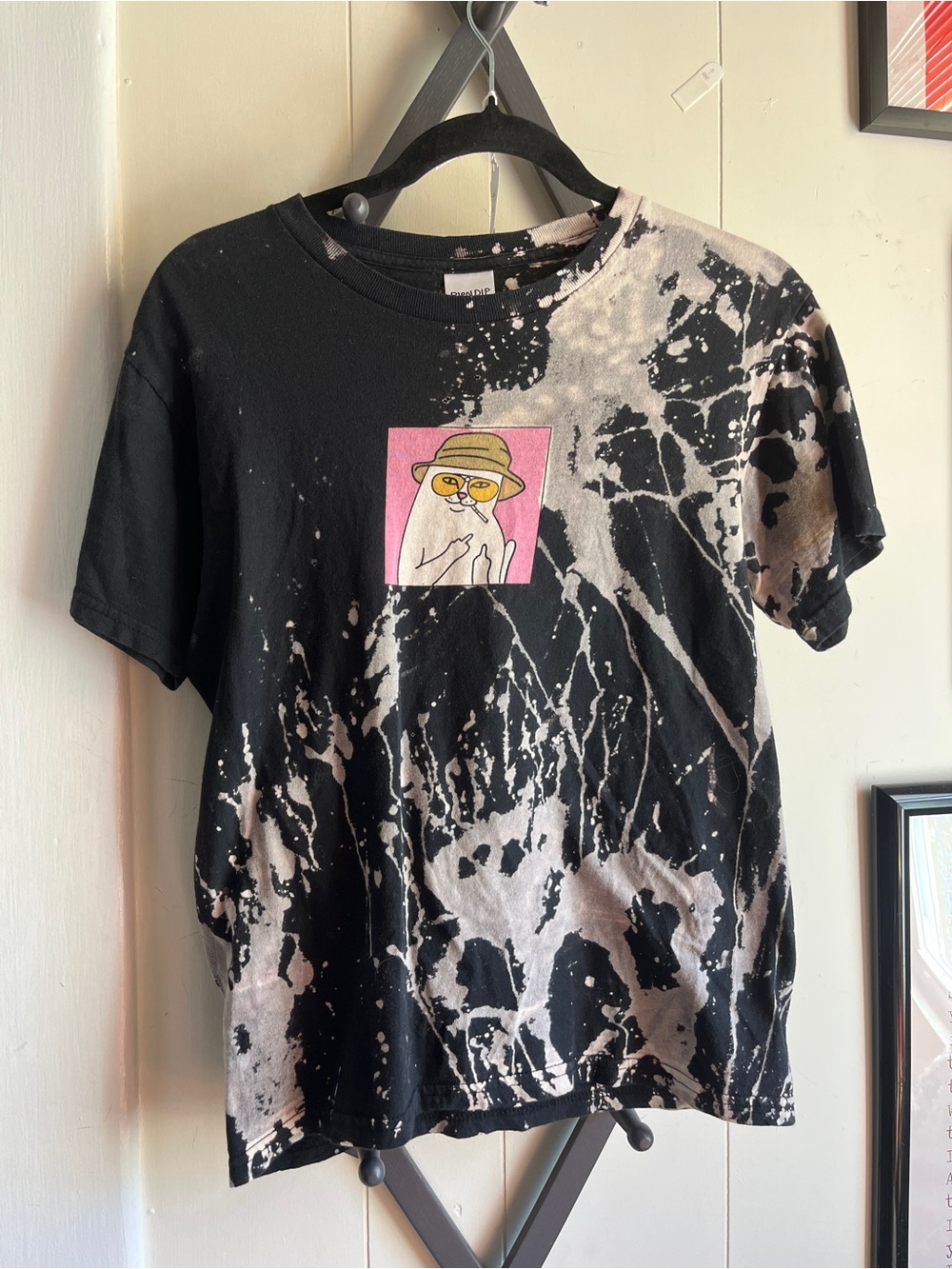 Ripndip Black Bleach-Splatter Tee with Pink Graphic